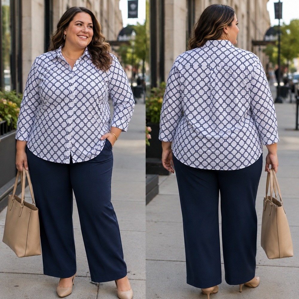Talbots Non Iron Button Up Shirt 20W Navy White Trellis Stretch Cotton Blouse